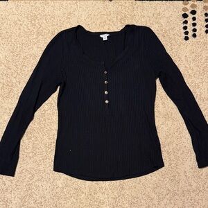 Guess Black Long Sleeve Ribbed Henley Top